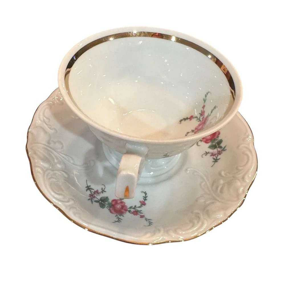 Wavel Polnad Vintage Floral Tea Cup Saucer Set Porcelain Gold Trim Pink Roses